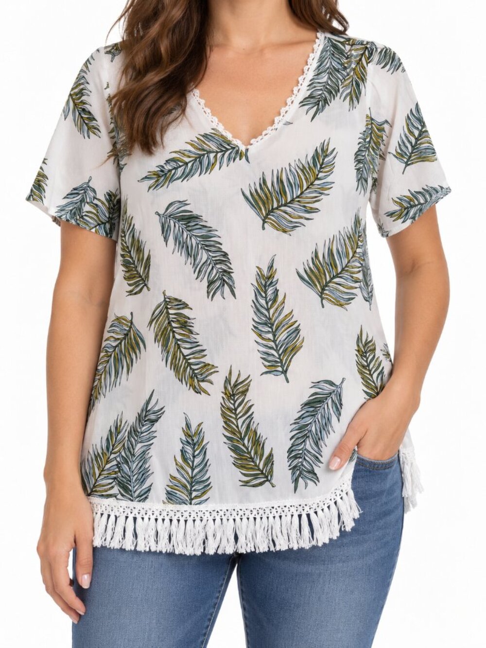 Amaryllis Tropical Leaf Print Fringe Hem Tunic Top Size S